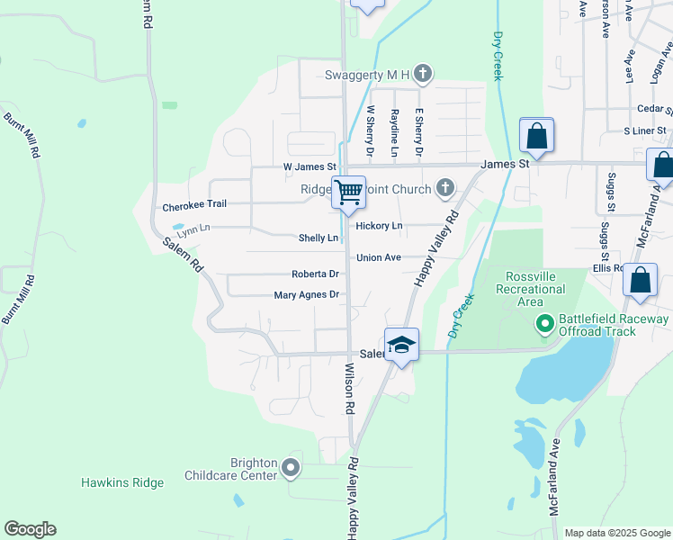 map of restaurants, bars, coffee shops, grocery stores, and more near 703 Fricks Lane in Rossville