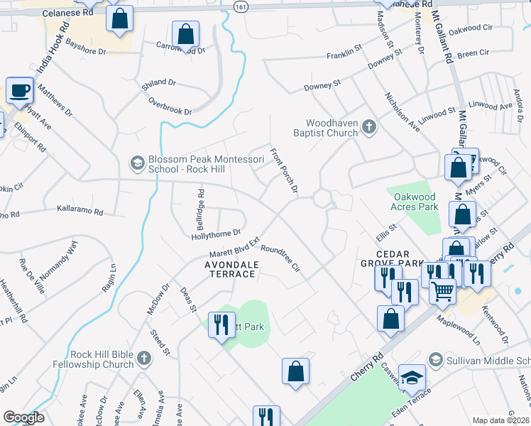 map of restaurants, bars, coffee shops, grocery stores, and more near 1379 Ebinport Road in Rock Hill