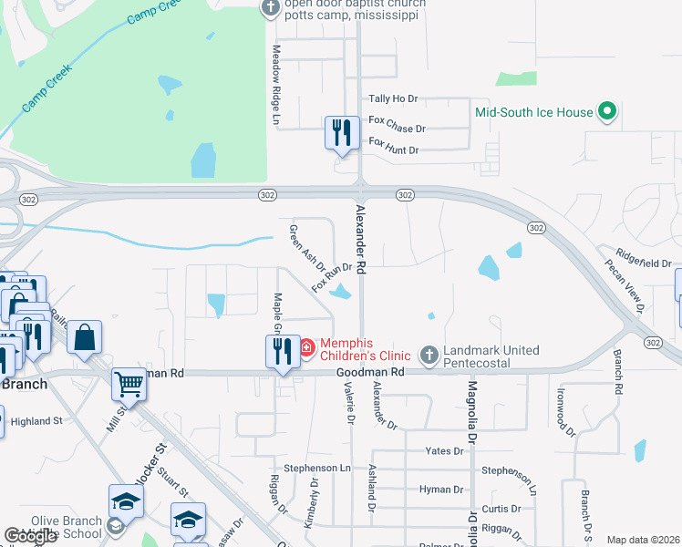 map of restaurants, bars, coffee shops, grocery stores, and more near 9949 Fox Run Drive in Olive Branch