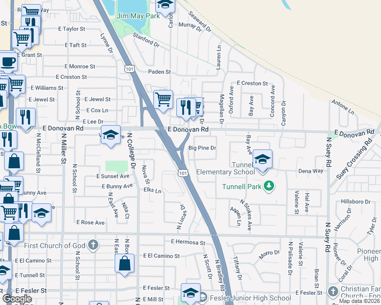 map of restaurants, bars, coffee shops, grocery stores, and more near 1424 Sagewood Drive in Santa Maria