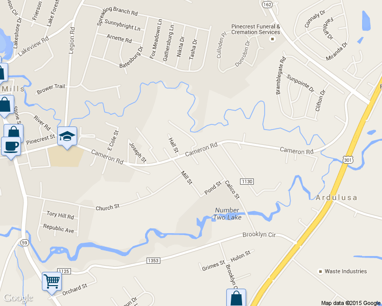 map of restaurants, bars, coffee shops, grocery stores, and more near Cameron Road in Hope Mills
