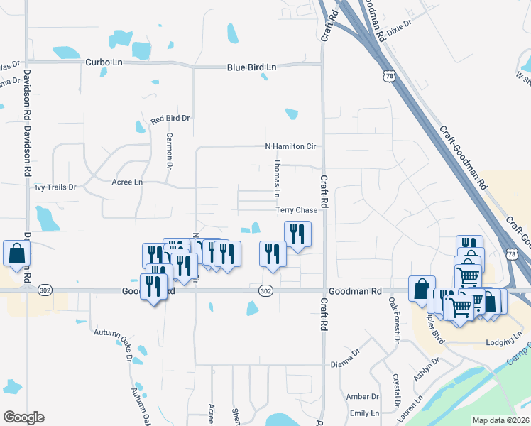map of restaurants, bars, coffee shops, grocery stores, and more near 6750 Terry Chase in Olive Branch