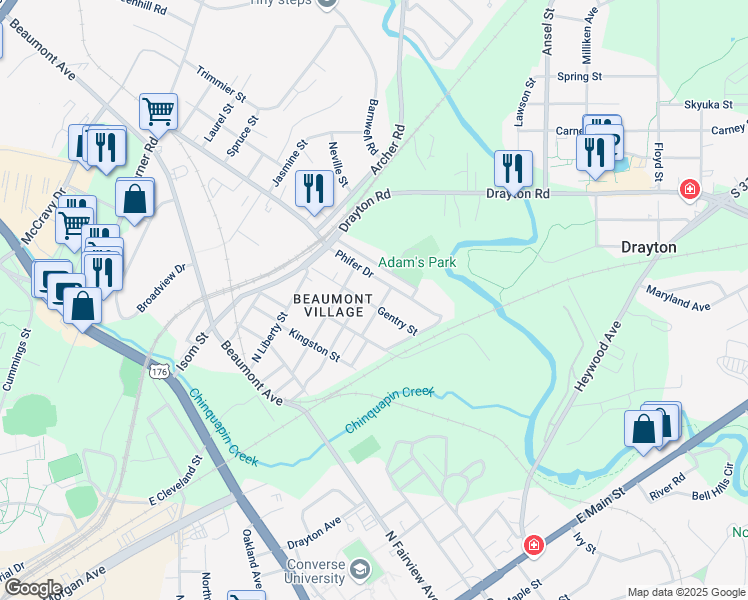 map of restaurants, bars, coffee shops, grocery stores, and more near 415 Gentry Street in Spartanburg
