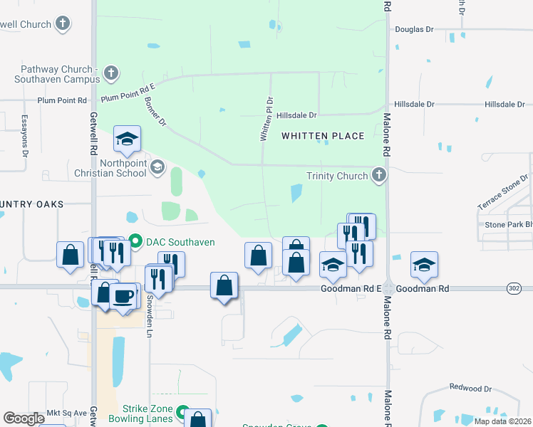 map of restaurants, bars, coffee shops, grocery stores, and more near 7255 Whitten Place Cove in Southaven