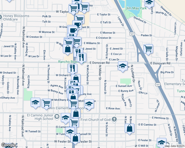 map of restaurants, bars, coffee shops, grocery stores, and more near 217 East Orchard Street in Santa Maria
