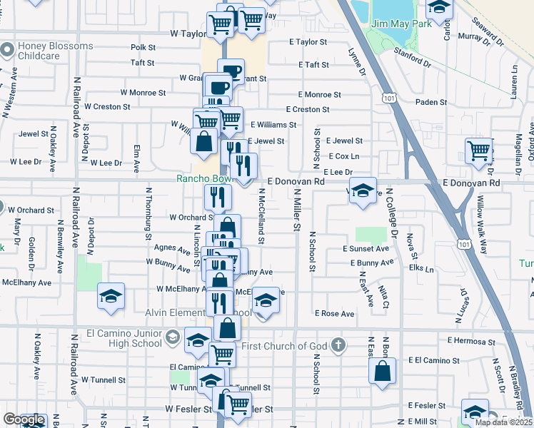 map of restaurants, bars, coffee shops, grocery stores, and more near 1503 North McClelland Street in Santa Maria