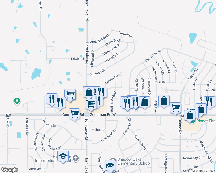 map of restaurants, bars, coffee shops, grocery stores, and more near 3799 Conrail Circle in Horn Lake