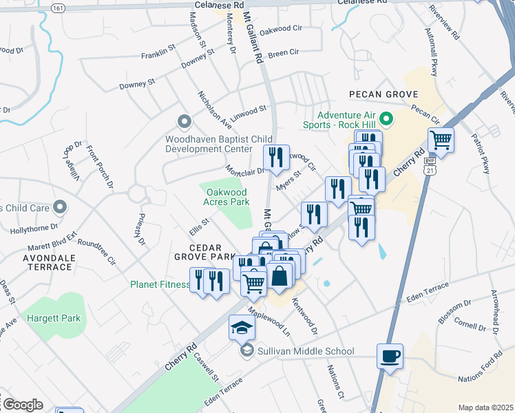 map of restaurants, bars, coffee shops, grocery stores, and more near 1131 Mount Gallant Road in Rock Hill