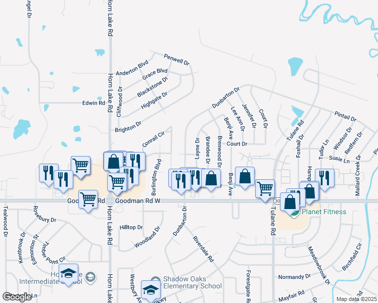 map of restaurants, bars, coffee shops, grocery stores, and more near 3552 Rosswood Drive in Horn Lake
