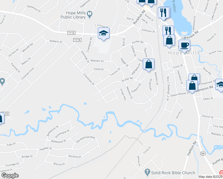 map of restaurants, bars, coffee shops, grocery stores, and more near 5225 Pringle Way in Hope Mills