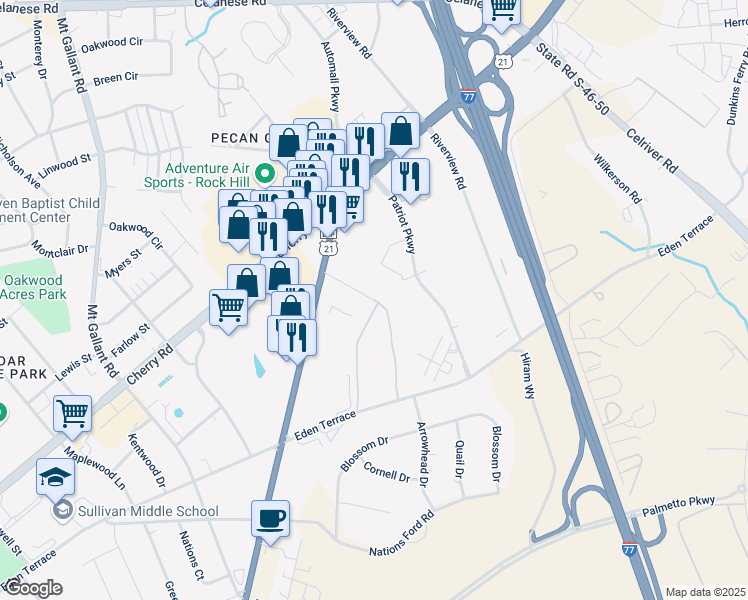 map of restaurants, bars, coffee shops, grocery stores, and more near 692 Mallard Terrace Lane in Rock Hill