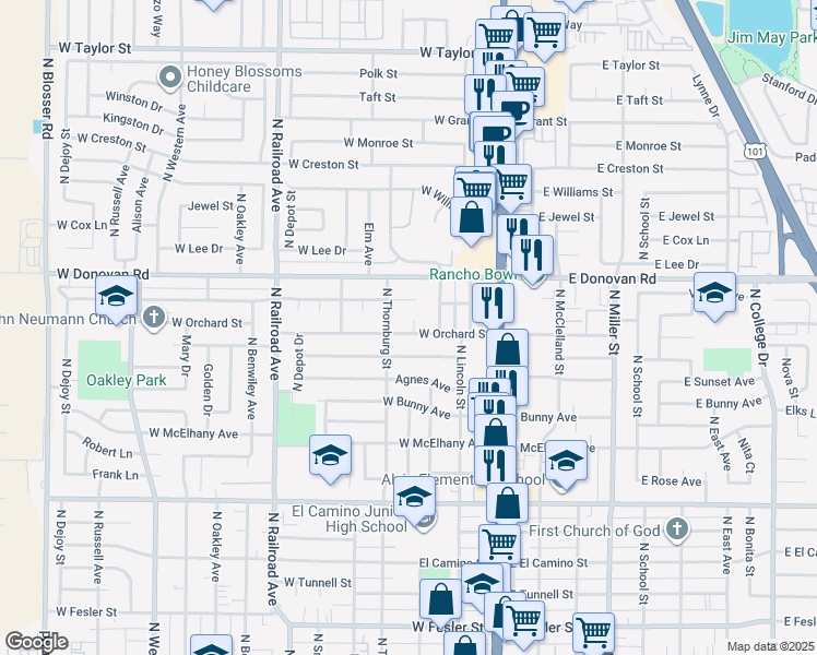map of restaurants, bars, coffee shops, grocery stores, and more near 1413 Catrina Way in Santa Maria