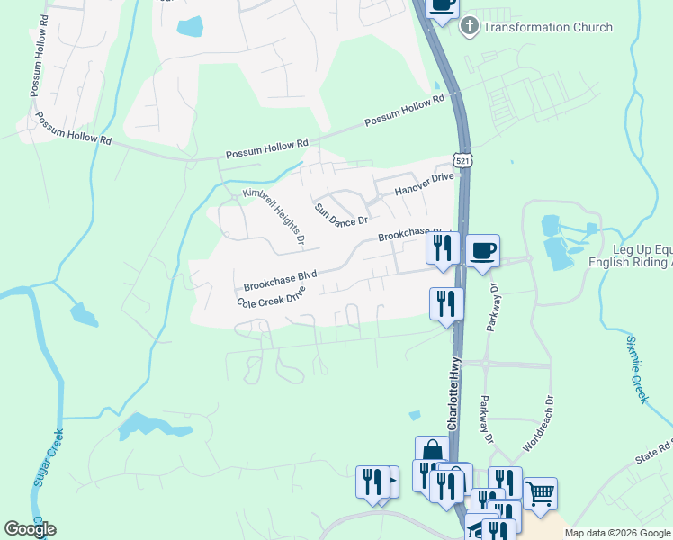 map of restaurants, bars, coffee shops, grocery stores, and more near 3041 Brookchase Boulevard in Fort Mill