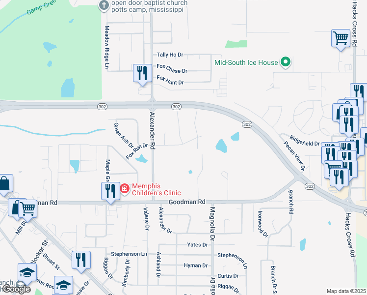 map of restaurants, bars, coffee shops, grocery stores, and more near 10153 Fox Run Drive in Olive Branch