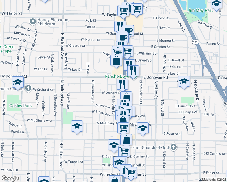 map of restaurants, bars, coffee shops, grocery stores, and more near 207 West Orchard Street in Santa Maria
