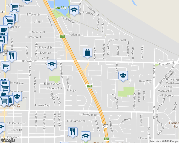 map of restaurants, bars, coffee shops, grocery stores, and more near 1428 Sagewood Drive in Santa Maria