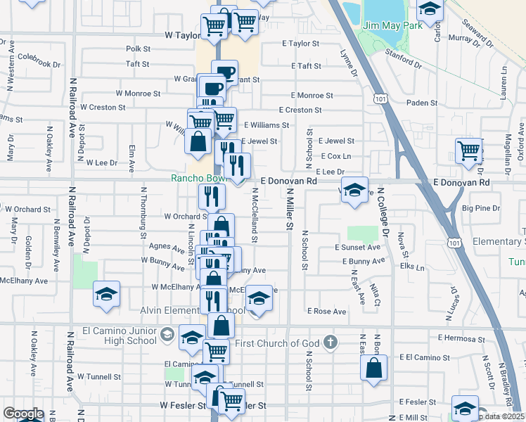 map of restaurants, bars, coffee shops, grocery stores, and more near 207 East Orchard Street in Santa Maria
