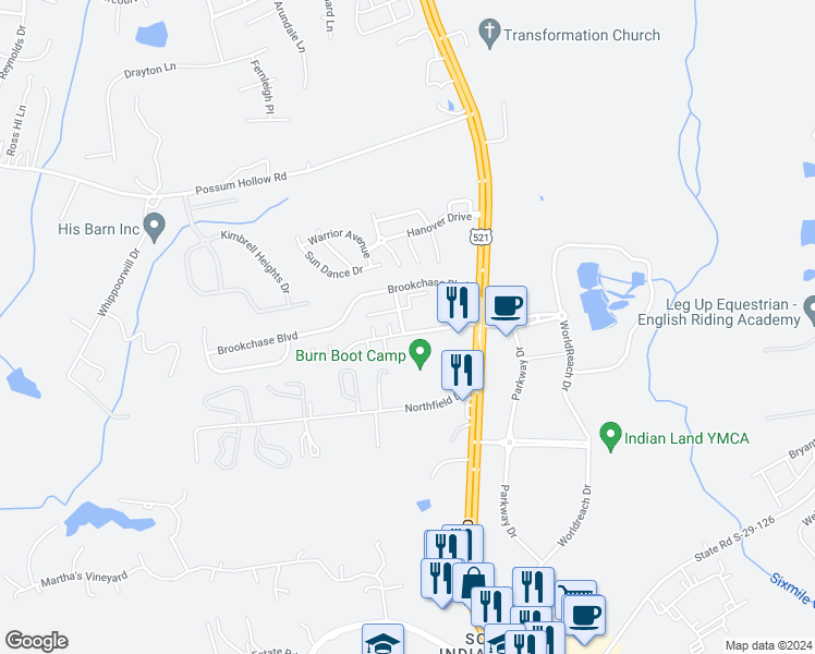 map of restaurants, bars, coffee shops, grocery stores, and more near 1543 Tyger Brook Lane in Indian Land