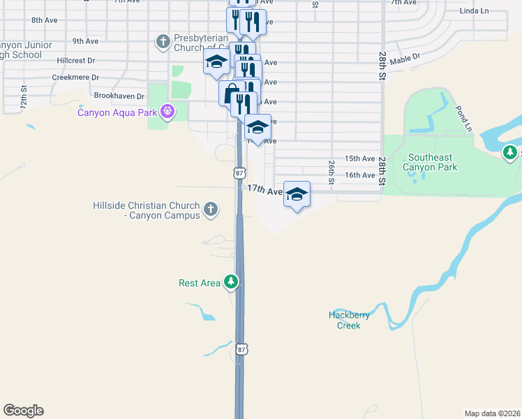 map of restaurants, bars, coffee shops, grocery stores, and more near 1701 23rd Street in Canyon
