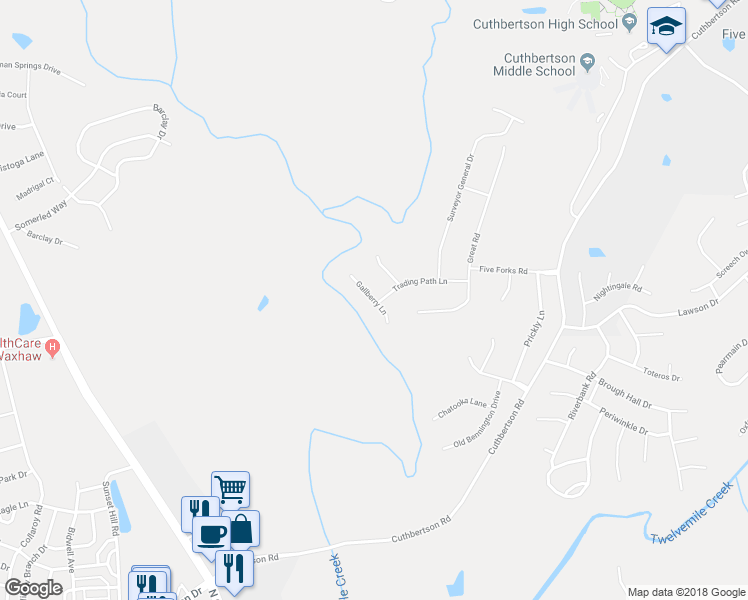 map of restaurants, bars, coffee shops, grocery stores, and more near Gallberry Lane in Waxhaw