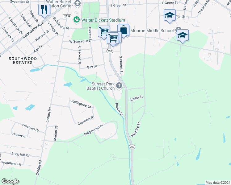 map of restaurants, bars, coffee shops, grocery stores, and more near 1131 Parker Street in Monroe