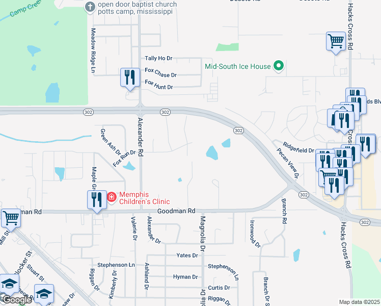 map of restaurants, bars, coffee shops, grocery stores, and more near 10237 Fox Run Drive in Olive Branch
