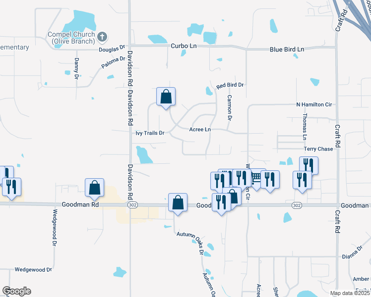 map of restaurants, bars, coffee shops, grocery stores, and more near 7274 Busher Drive in Olive Branch
