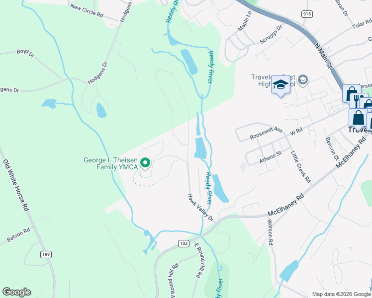 map of restaurants, bars, coffee shops, grocery stores, and more near 21091 Misty Gate Drive in Travelers Rest