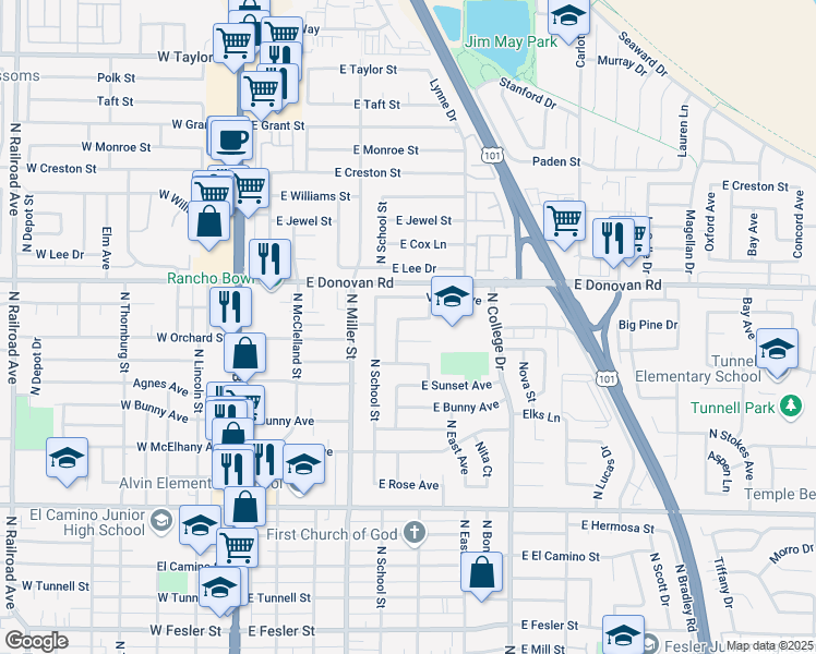 map of restaurants, bars, coffee shops, grocery stores, and more near 506 East Harding Avenue in Santa Maria