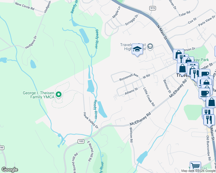 map of restaurants, bars, coffee shops, grocery stores, and more near 21091 Misty Gate Drive in Travelers Rest