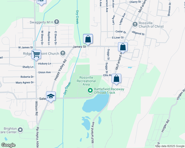 map of restaurants, bars, coffee shops, grocery stores, and more near 116 Ellis Road in Rossville