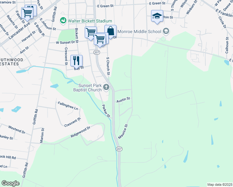 map of restaurants, bars, coffee shops, grocery stores, and more near 302 Culpepper Street in Monroe