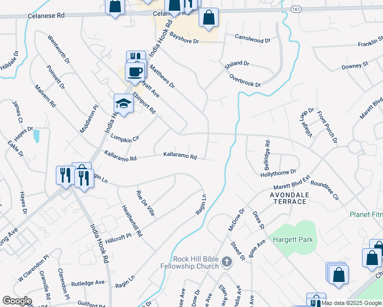 map of restaurants, bars, coffee shops, grocery stores, and more near 1504 Merrie Meadow Court in Rock Hill