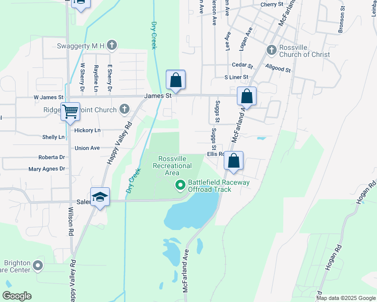 map of restaurants, bars, coffee shops, grocery stores, and more near 116 Ellis Road in Rossville