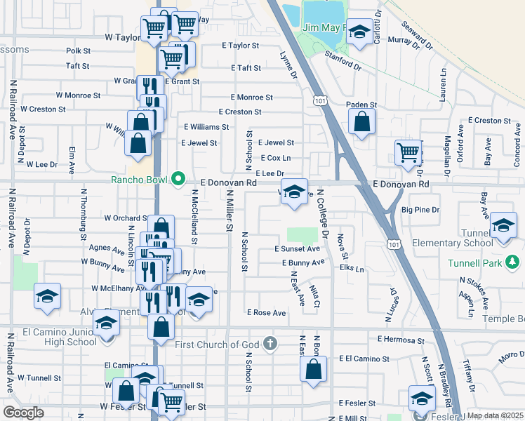 map of restaurants, bars, coffee shops, grocery stores, and more near 506 East Harding Avenue in Santa Maria