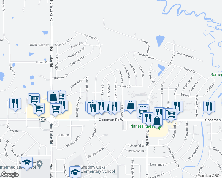 map of restaurants, bars, coffee shops, grocery stores, and more near 7154 Brandee Drive in Horn Lake
