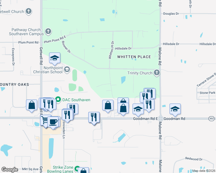 map of restaurants, bars, coffee shops, grocery stores, and more near 7255 Whitten Place Cove in Southaven