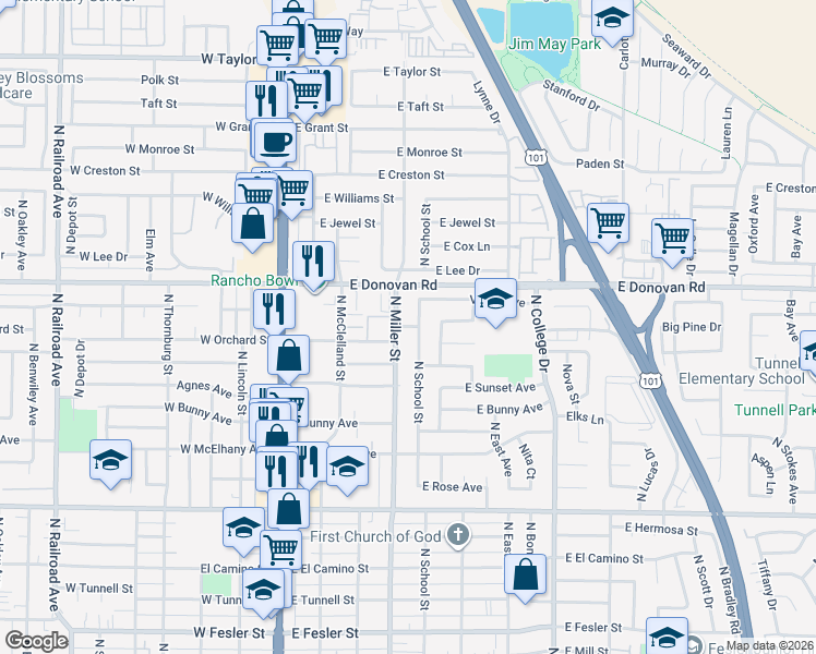 map of restaurants, bars, coffee shops, grocery stores, and more near 212 East Orchard Street in Santa Maria