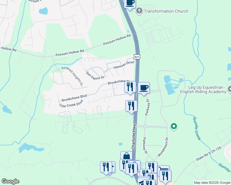 map of restaurants, bars, coffee shops, grocery stores, and more near 8717 Charlotte Highway in Fort Mill