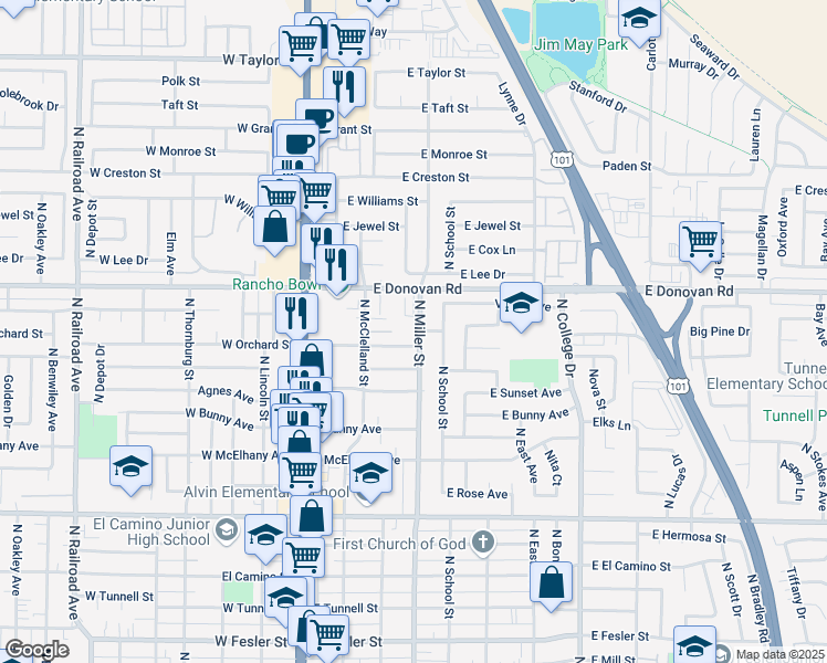map of restaurants, bars, coffee shops, grocery stores, and more near 1415 North Miller Street in Santa Maria