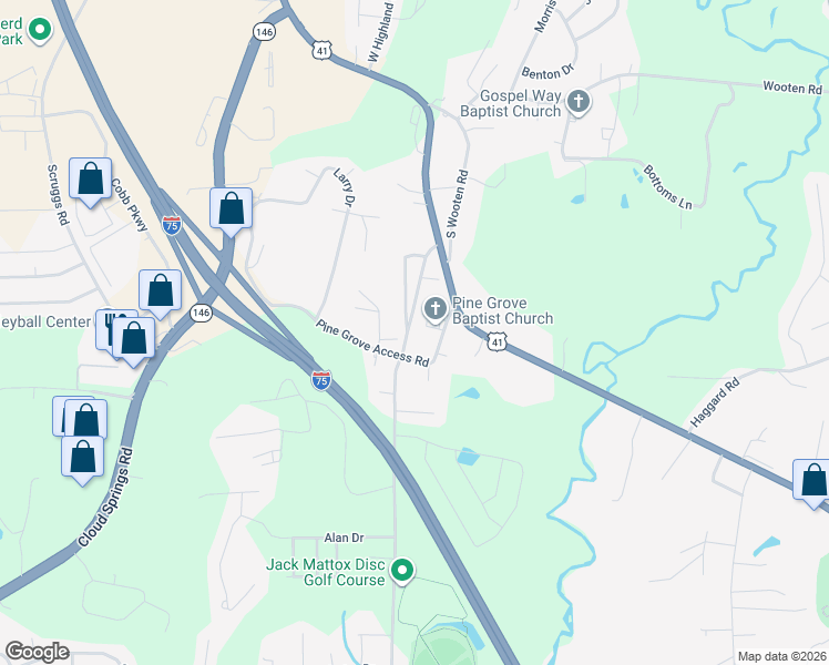map of restaurants, bars, coffee shops, grocery stores, and more near 203 Pine Grove Road in Ringgold