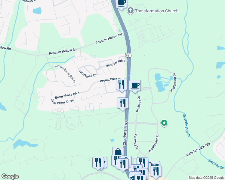 map of restaurants, bars, coffee shops, grocery stores, and more near 8717 Charlotte Highway in Fort Mill