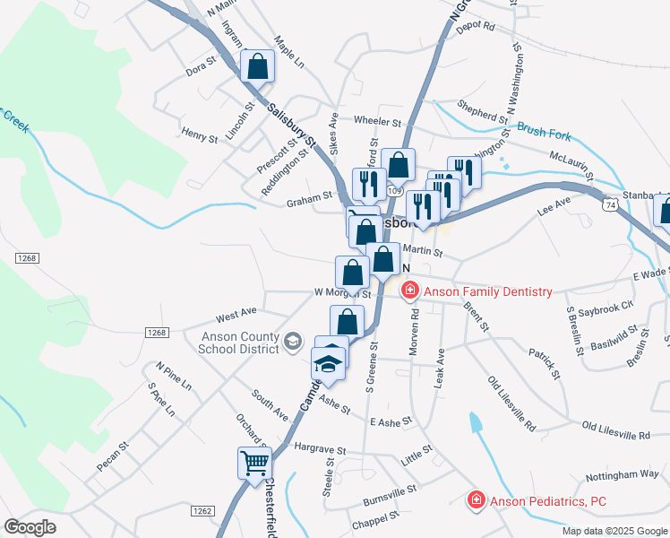 map of restaurants, bars, coffee shops, grocery stores, and more near 21 East Wade Street in Wadesboro