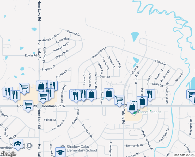 map of restaurants, bars, coffee shops, grocery stores, and more near 7142 Brenwood Drive in Horn Lake