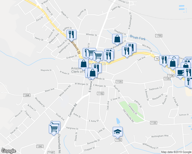 map of restaurants, bars, coffee shops, grocery stores, and more near 119 East Wade Street in Wadesboro