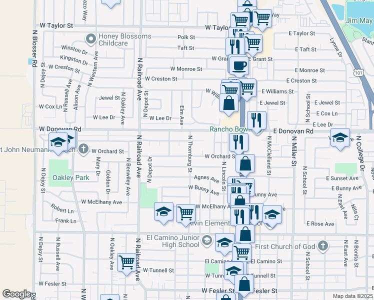 map of restaurants, bars, coffee shops, grocery stores, and more near 1412 Elm Avenue in Santa Maria