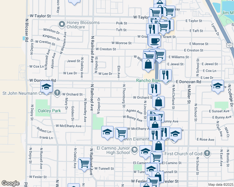 map of restaurants, bars, coffee shops, grocery stores, and more near 1412 Elm Ave in Santa Maria