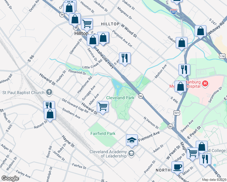 map of restaurants, bars, coffee shops, grocery stores, and more near 150 North Cleveland Park Drive in Spartanburg