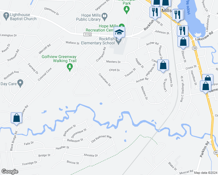 map of restaurants, bars, coffee shops, grocery stores, and more near 5701 Crenshaw Drive in Hope Mills