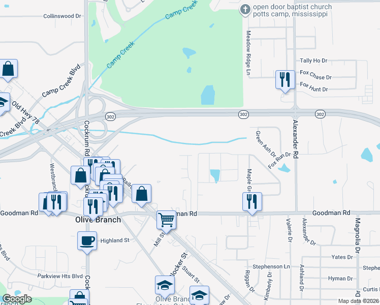 map of restaurants, bars, coffee shops, grocery stores, and more near 9476 Village Pointe in Olive Branch